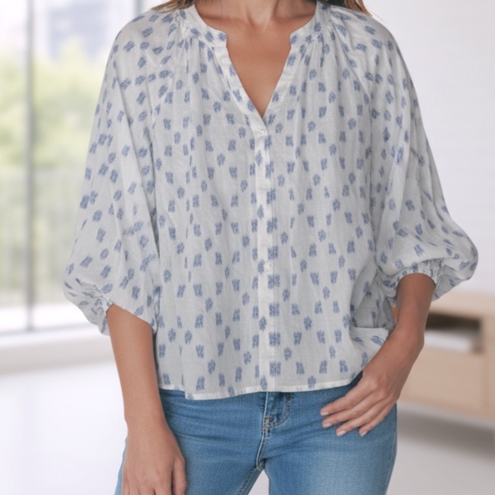Sonoma White Blouse with Blue Leaf Patterns l